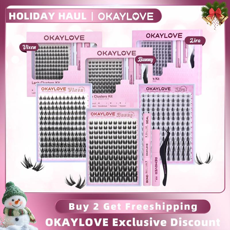 OKAYLOVE Lashes Cluster Vixen|Bunny Lash Clusters Kit, Manga Lash Extension with Waterproof Long-Lasting Lash Bond and Seal,Tweezers and Remover for DIY Eyelash at Home Easily, Natural Makeup Girl Gifts