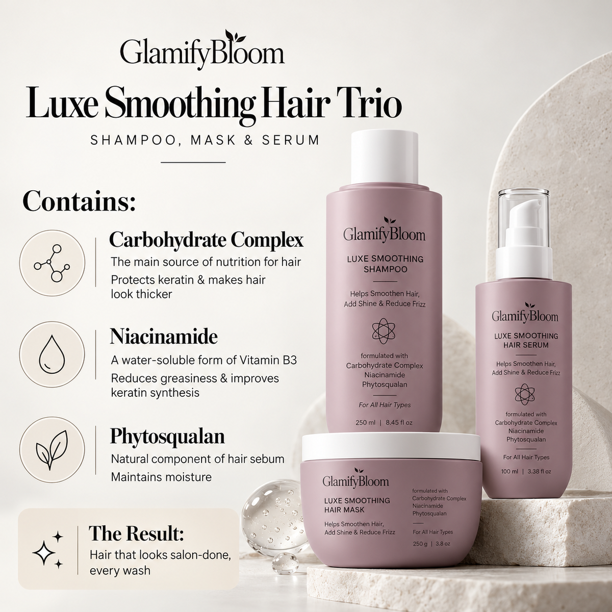 GlamifyBloom Luxe Smoothing Hair Trio – Shampoo, Mask & Serum