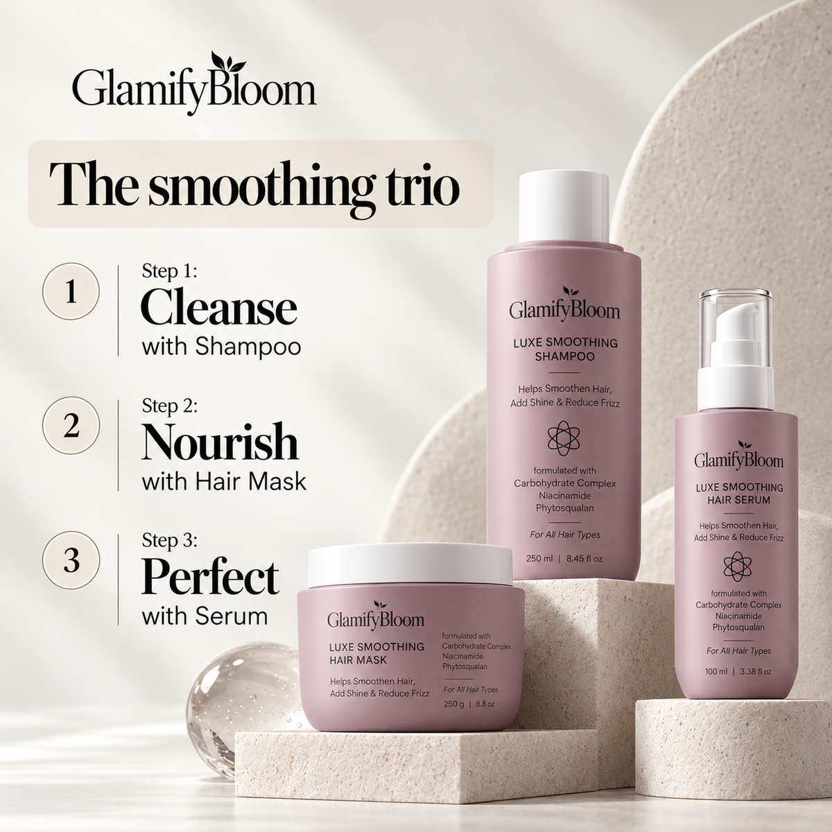 GlamifyBloom Luxe Smoothing Hair Trio – Shampoo, Mask & Serum