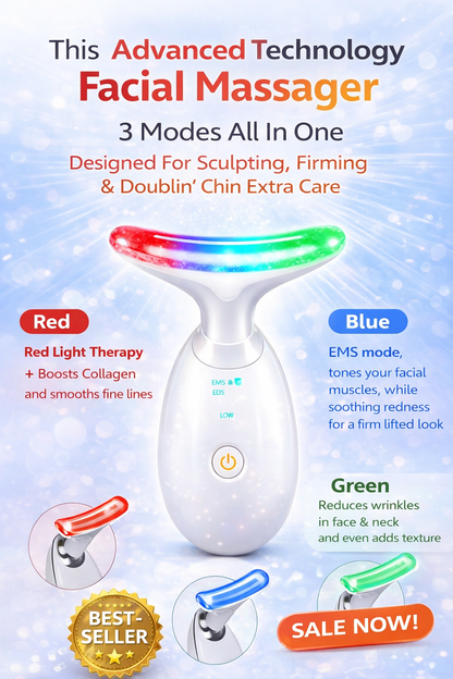 Advanced 3-Color LED Face & Neck Massager – Vibration Skin Care Tool for Firming, Sculpting & Double Chin Care